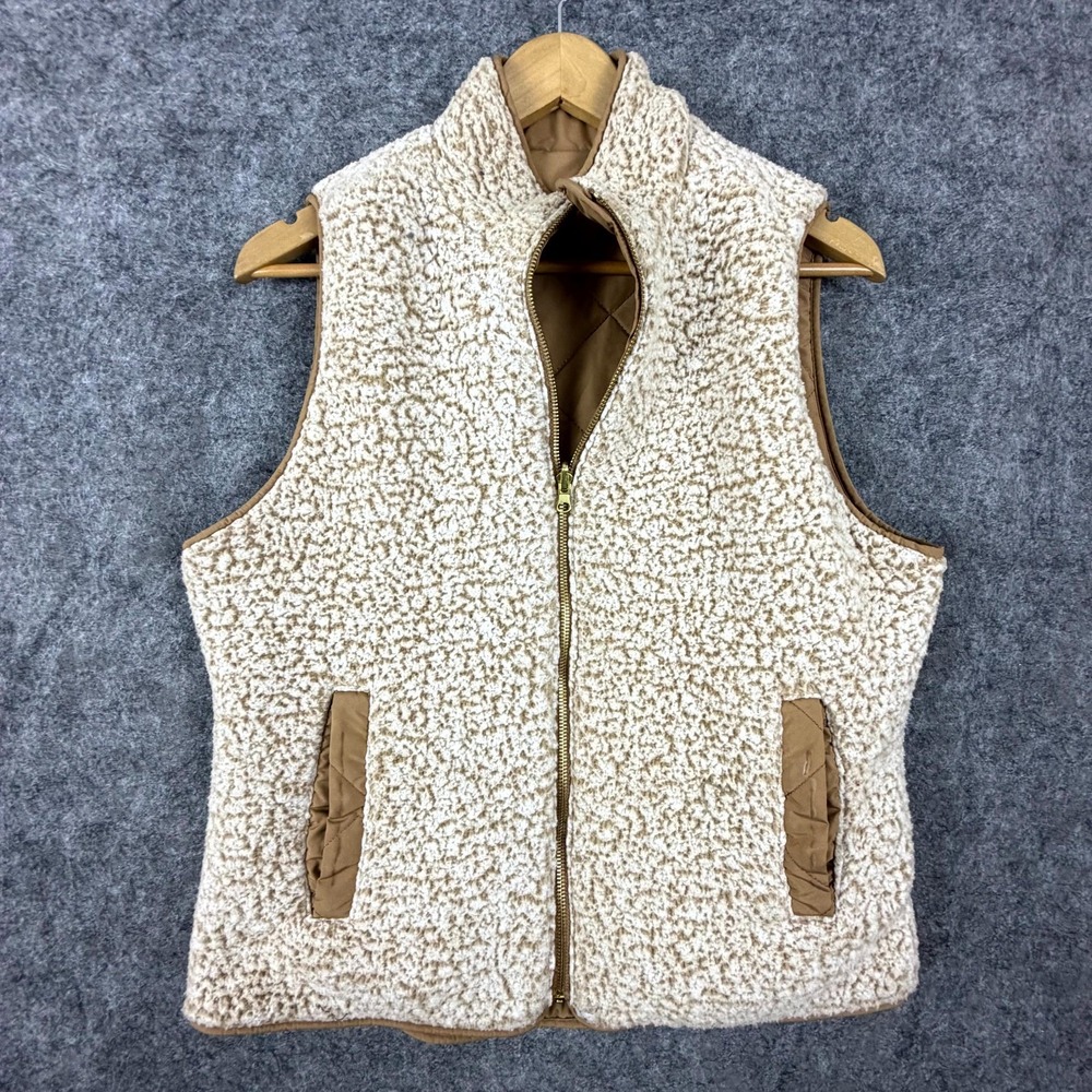 Love Tree Reversible Sherpa Quilted Vest Womens M Beige Brown Full Zip Mock Neck
